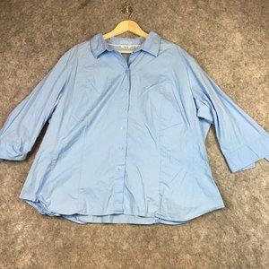 Riders Shirt 3X Women Button Up 3/4 Sleeve Pocket Instantly Slims You Solid Blue